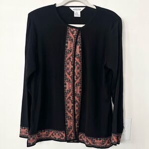 Misook Black Pink Paisley Embelished Cardigan Sweater L